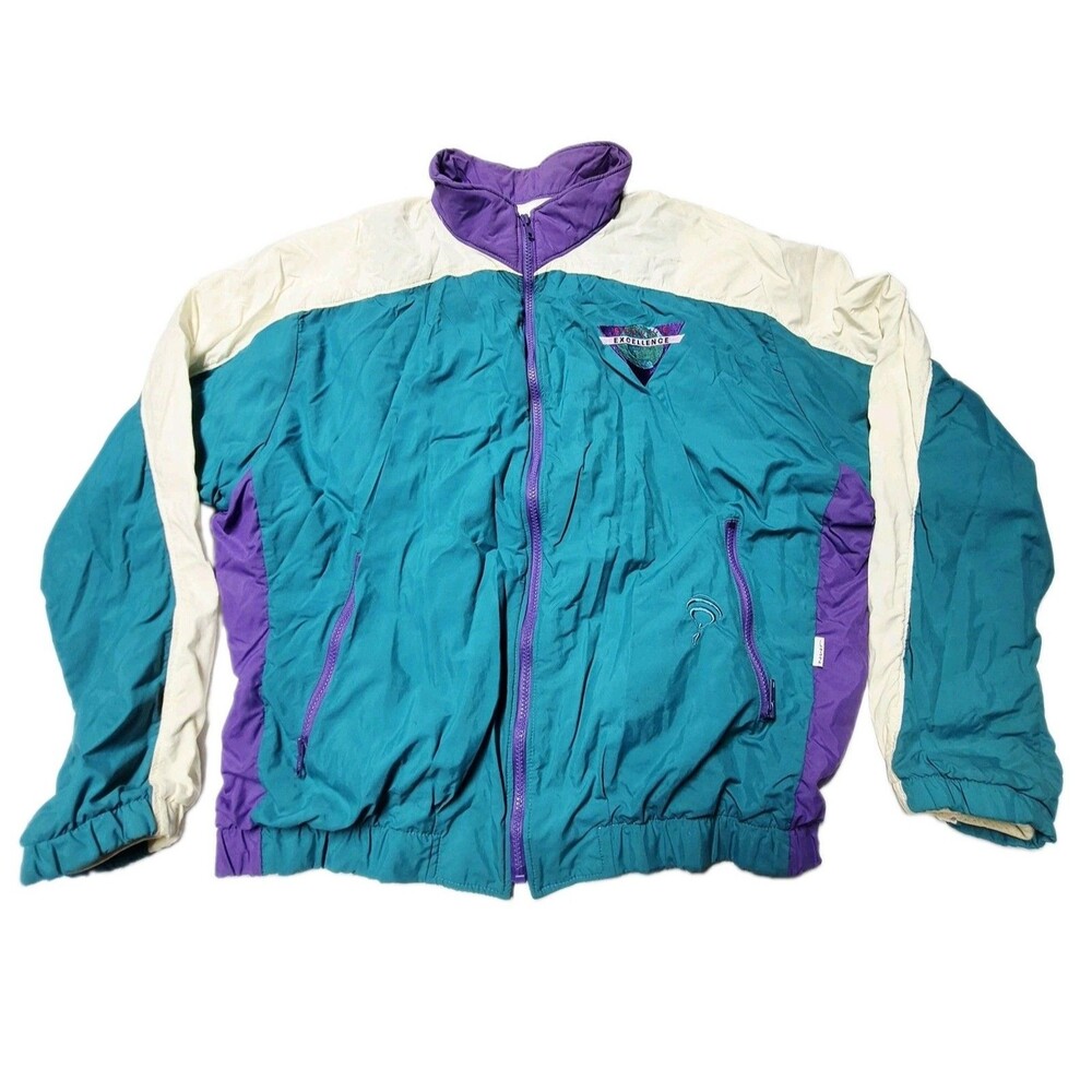 Vintage 90s Jammin Parachute Windbreaker Large Colorblock Teal Purple Retro USA